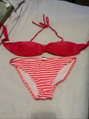 Pink Striped Bikini Set - Bandeau Top & Hipster Bottoms